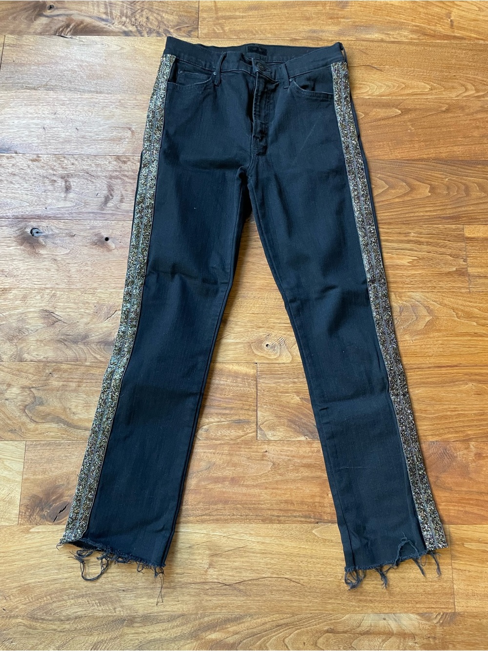 MOTHER the Rascal Black Straight-Leg Jeans with Metallic Gold Side Trim size 27